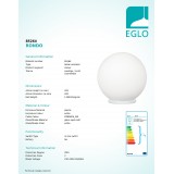 EGLO 85264 | Rondo Eglo stolna svjetiljka kuglasta 20cm sa prekidačem na kablu 1x E27 bijelo, opal mat