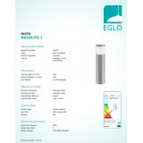 EGLO 94278 | Basalgo-1 Eglo podna svjetiljka 45cm 1x LED 320lm 3000K IP44 plemeniti čelik, čelik sivo, prozirna, bijelo