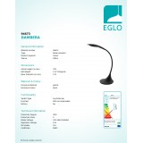 EGLO 94673 | Dambera Eglo stolna svjetiljka 37,5cm sa tiristorski dodirnim prekidačem fleksibilna, jačina svjetlosti se može podešavati 1x LED 520lm 3000K crno, opal