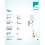 EGLO 94924 | Eglo-Pasteri-W Eglo zidna svjetiljka s prekidačem 1x E27 bijelo mat, poniklano mat