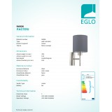 EGLO 94926 | Eglo-Pasteri-G Eglo zidna svjetiljka s prekidačem 1x E27 mat sivo, bijelo, poniklano mat