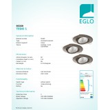EGLO 95359 | Tedo-1 Eglo ugradbena svjetiljka okrugli s impulsnim prekidačem jačina svjetlosti se može podešavati, trodijelni set, pomjerljivo Ø80mm 3x GU10 1200lm 3000K poniklano mat
