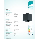 EGLO 97242 | Calpino Eglo zidna svjetiljka četvrtast 2x LED 680lm 3000K IP54 antracit