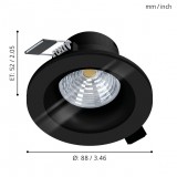 EGLO 99493 | Salabate Eglo ugradbena svjetiljka okrugli jačina svjetlosti se može podešavati Ø88mm 1x LED 380lm 3000K IP44/20 crno, prozirno